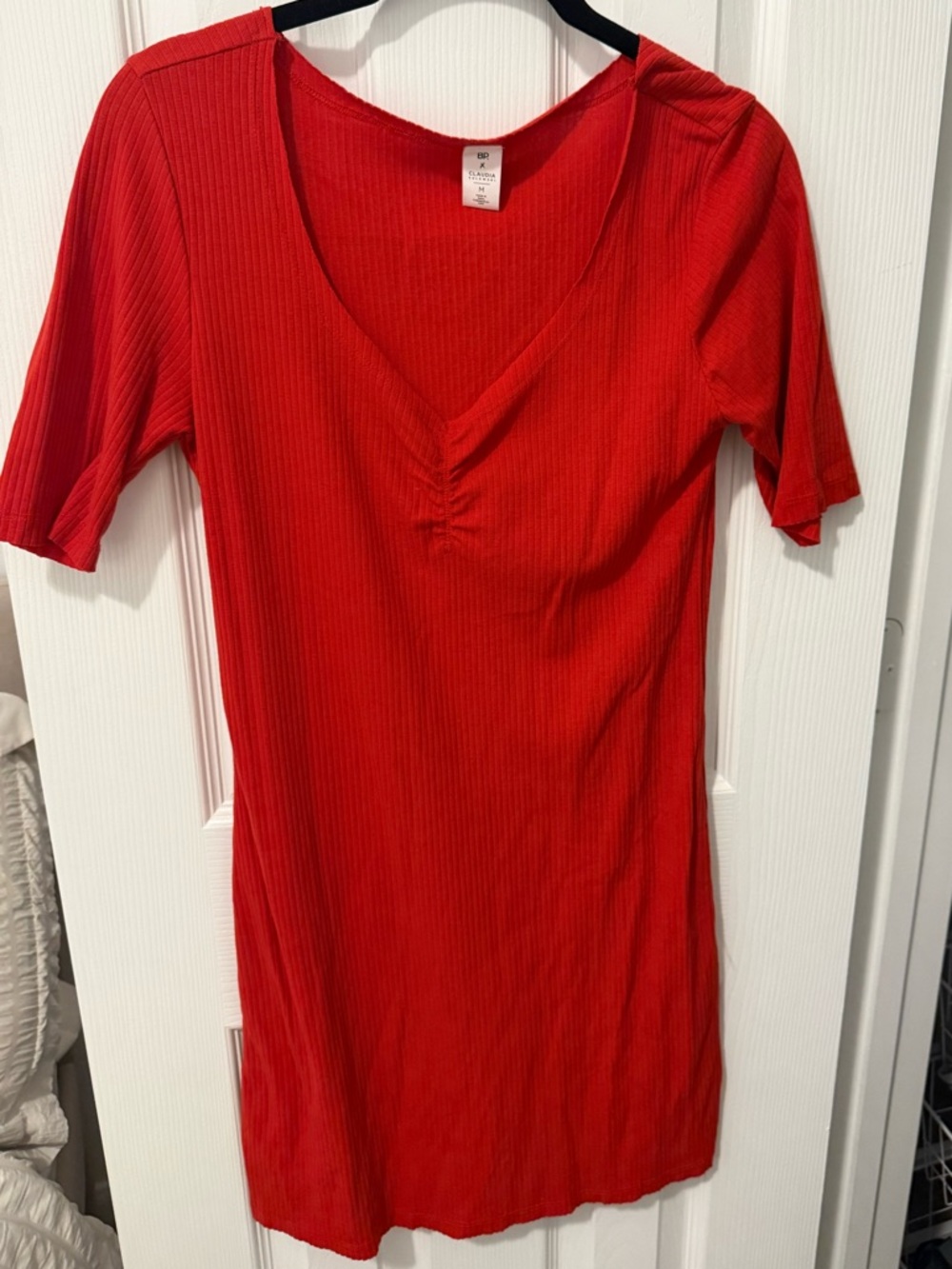 bp Red Ribbed V-Neck Short Sleeve Top